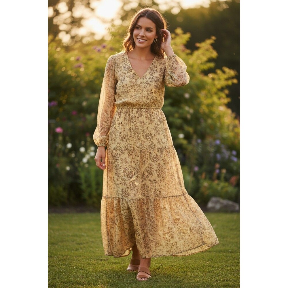 Mittoshop Women's Long Sleeve Cottagecore Whimsical Maxi Ruffled Front Slit L